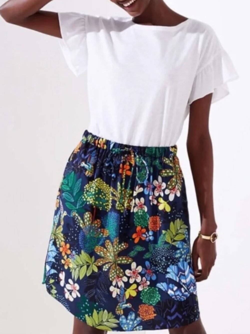 Loft Navy Tropical Floral Drawstring Pull On Skirt Small Petite SP Like New